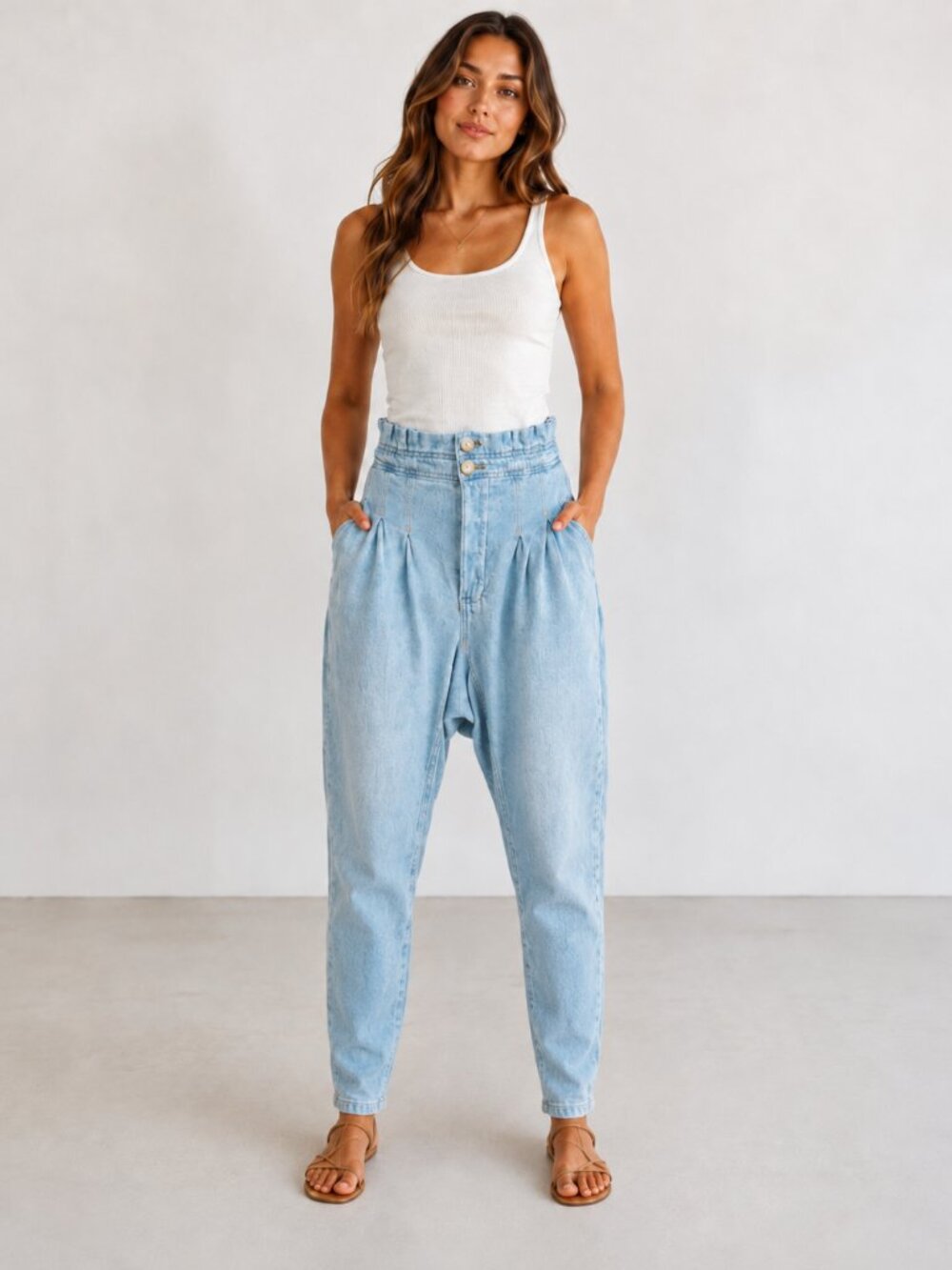 We The Free Paperbag Waist Slouchy Drop Crotch Jeans Light Wash Sz4